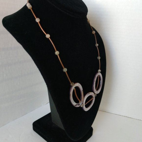 Handmade Gray And Brown Statement Necklace With Shells Agate Copper Plated Tubes - Picture 4 of 16